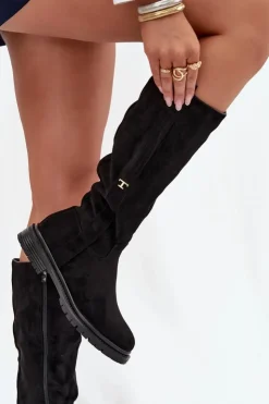 Hot Boto Kozaki Damskie Ocieplane Na płaskim Obcasie Eko Zamszowe Czarne Delyssa