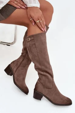 Damskie Buty damskie Vinceza Kozaki Damskie Ocieplane Na Obcasie Ze Złotą Klamrą Vinceza 58589 Ciemnobeżowe