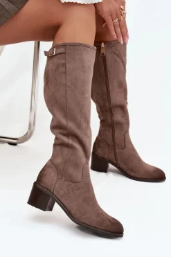 Damskie Buty damskie Vinceza Kozaki Damskie Ocieplane Na Obcasie Ze Złotą Klamrą Vinceza 58589 Ciemnobeżowe