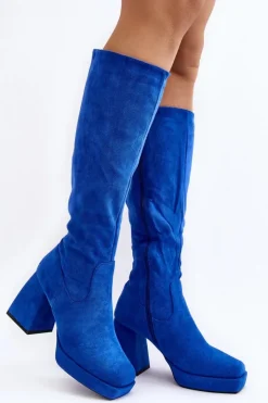 Boto Kozaki Wiosenne|Kozaki Przed Kolano*Kozaki Damskie Ocieplane Na Masywnym Obcasie Niebieski Layala