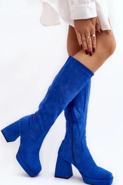 Boto Kozaki Wiosenne|Kozaki Przed Kolano*Kozaki Damskie Ocieplane Na Masywnym Obcasie Niebieski Layala