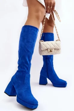 Boto Kozaki Wiosenne|Kozaki Przed Kolano*Kozaki Damskie Ocieplane Na Masywnym Obcasie Niebieski Layala