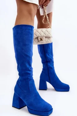 Boto Kozaki Wiosenne|Kozaki Przed Kolano*Kozaki Damskie Ocieplane Na Masywnym Obcasie Niebieski Layala