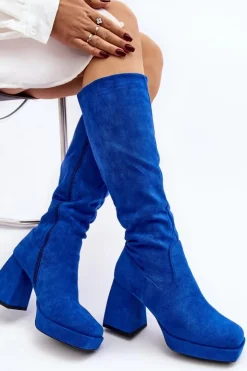 Boto Kozaki Wiosenne|Kozaki Przed Kolano*Kozaki Damskie Ocieplane Na Masywnym Obcasie Niebieski Layala