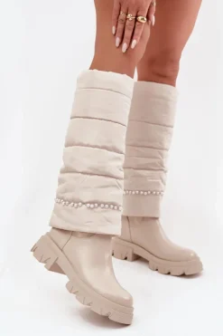 Discount Boto Kozaki Damskie Ocieplane Z Koralikami Jasnobeżowe Irvette Beżowy