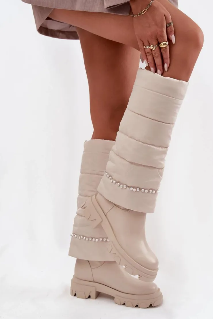 Discount Boto Kozaki Damskie Ocieplane Z Koralikami Jasnobeżowe Irvette Beżowy