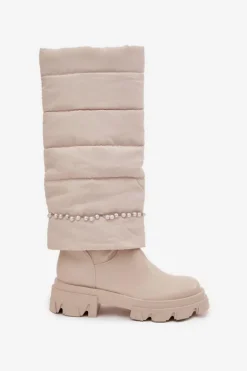 Discount Boto Kozaki Damskie Ocieplane Z Koralikami Jasnobeżowe Irvette Beżowy