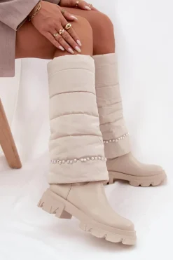 Discount Boto Kozaki Damskie Ocieplane Z Koralikami Jasnobeżowe Irvette Beżowy