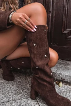 Discount Boto Kozaki Damskie Ocieplane Na Słupku Z Ozdobnymi Detalami Czekoladowe Lucinda Brązowy