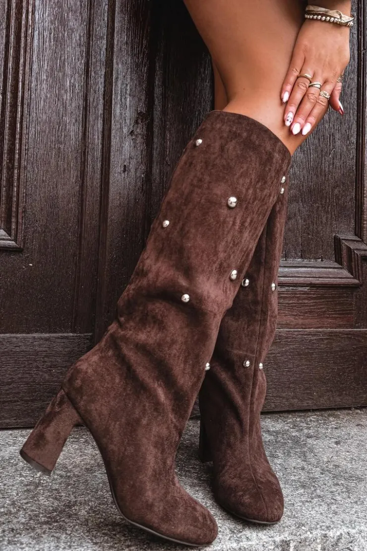 Discount Boto Kozaki Damskie Ocieplane Na Słupku Z Ozdobnymi Detalami Czekoladowe Lucinda Brązowy