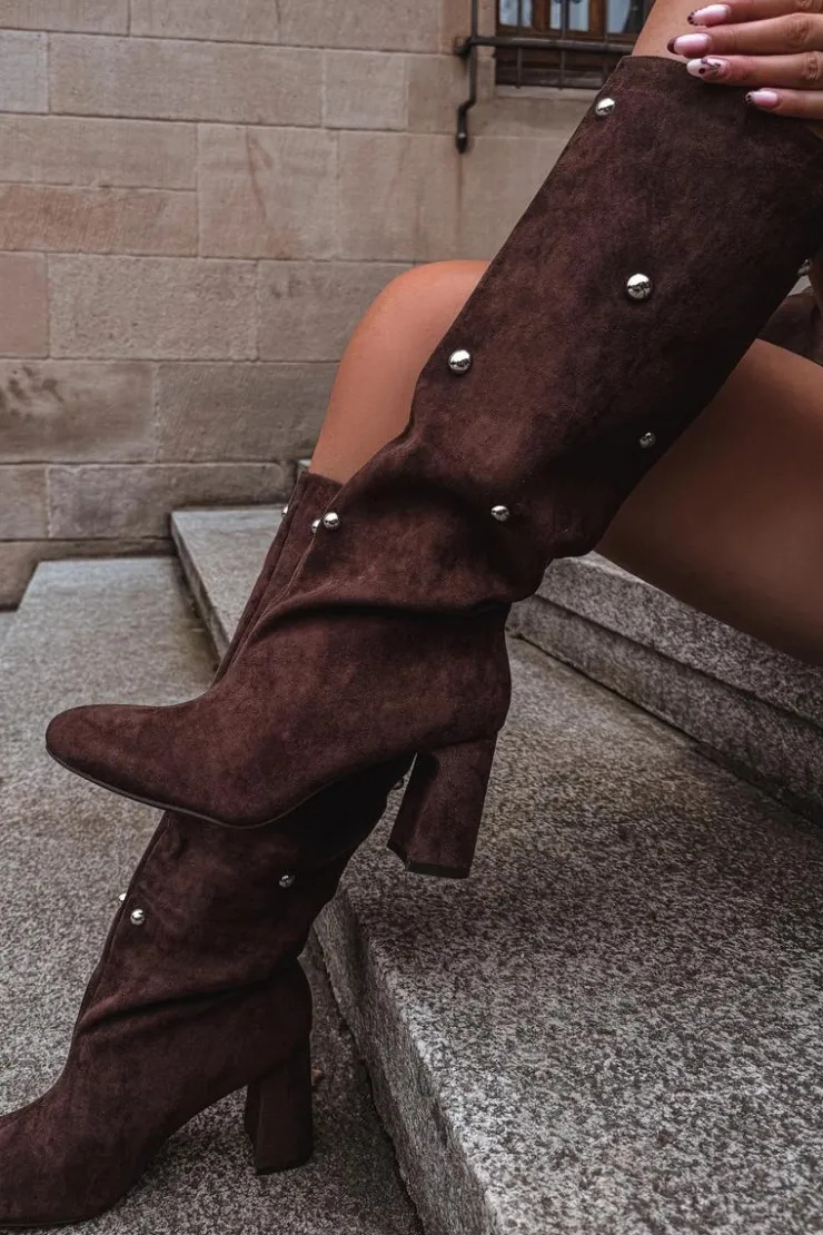 Discount Boto Kozaki Damskie Ocieplane Na Słupku Z Ozdobnymi Detalami Czekoladowe Lucinda Brązowy