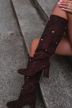 Discount Boto Kozaki Damskie Ocieplane Na Słupku Z Ozdobnymi Detalami Czekoladowe Lucinda Brązowy