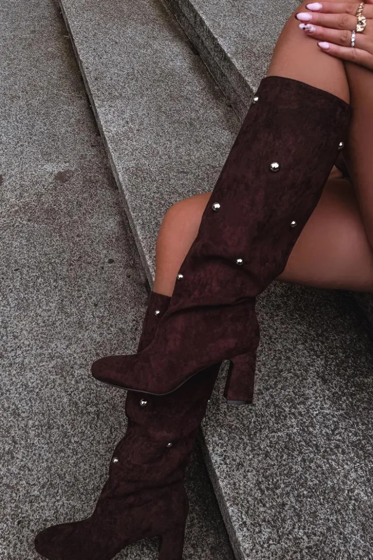 Discount Boto Kozaki Damskie Ocieplane Na Słupku Z Ozdobnymi Detalami Czekoladowe Lucinda Brązowy