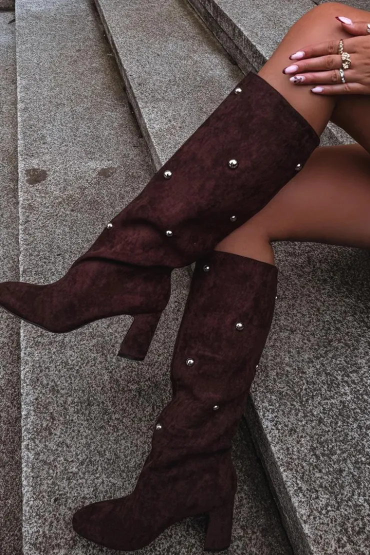 Discount Boto Kozaki Damskie Ocieplane Na Słupku Z Ozdobnymi Detalami Czekoladowe Lucinda Brązowy