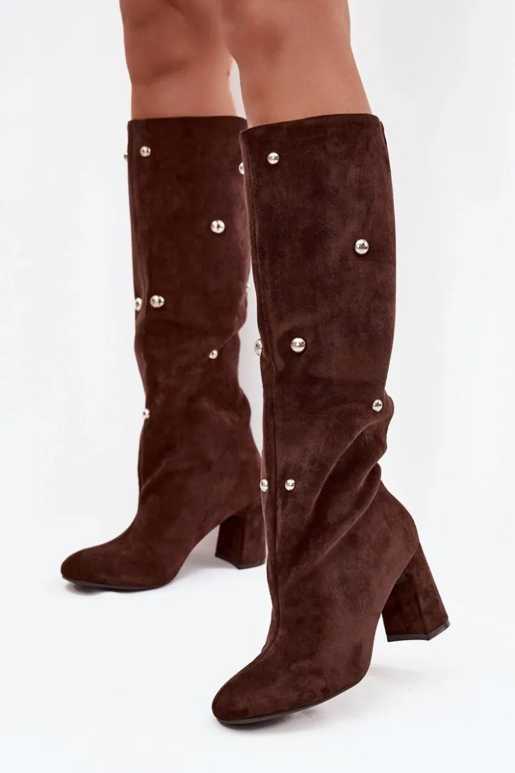 Discount Boto Kozaki Damskie Ocieplane Na Słupku Z Ozdobnymi Detalami Czekoladowe Lucinda Brązowy