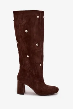 Discount Boto Kozaki Damskie Ocieplane Na Słupku Z Ozdobnymi Detalami Czekoladowe Lucinda Brązowy