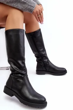 Damskie Buty Sergio Leone Kozaki Damskie Ocieplane Na Płaskim Obcasie Czarne Evelio