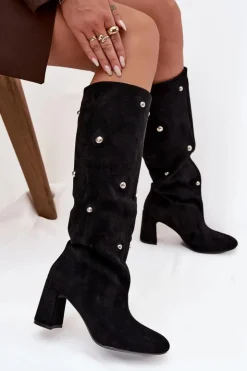 Boto Kozaki Ocieplane|Kozaki Na Słupku*Kozaki Damskie Ocieplane Na Słupku Z Ozdobnymi Detalami Czarne Lucinda Czarny
