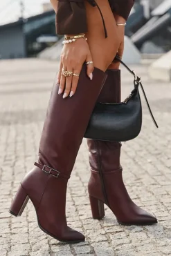 Damskie Boto Kozaki Damskie Ocieplane Na Słupku Z Klamrą Bordowe Fionelle