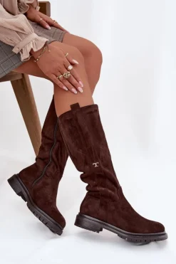 Boto Kozaki Ocieplane|Kozaki Płaskie*Kozaki Damskie Ocieplane Na płaskim Obcasie Eko Zamszowe Czekoladowe Delyssa