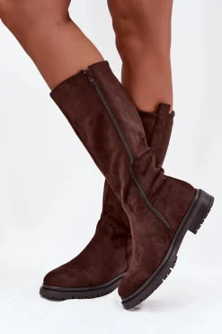 Boto Kozaki Ocieplane|Kozaki Płaskie*Kozaki Damskie Ocieplane Na płaskim Obcasie Eko Zamszowe Czekoladowe Delyssa