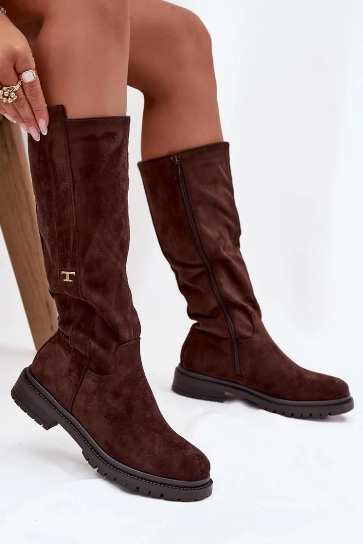 Boto Kozaki Ocieplane|Kozaki Płaskie*Kozaki Damskie Ocieplane Na płaskim Obcasie Eko Zamszowe Czekoladowe Delyssa