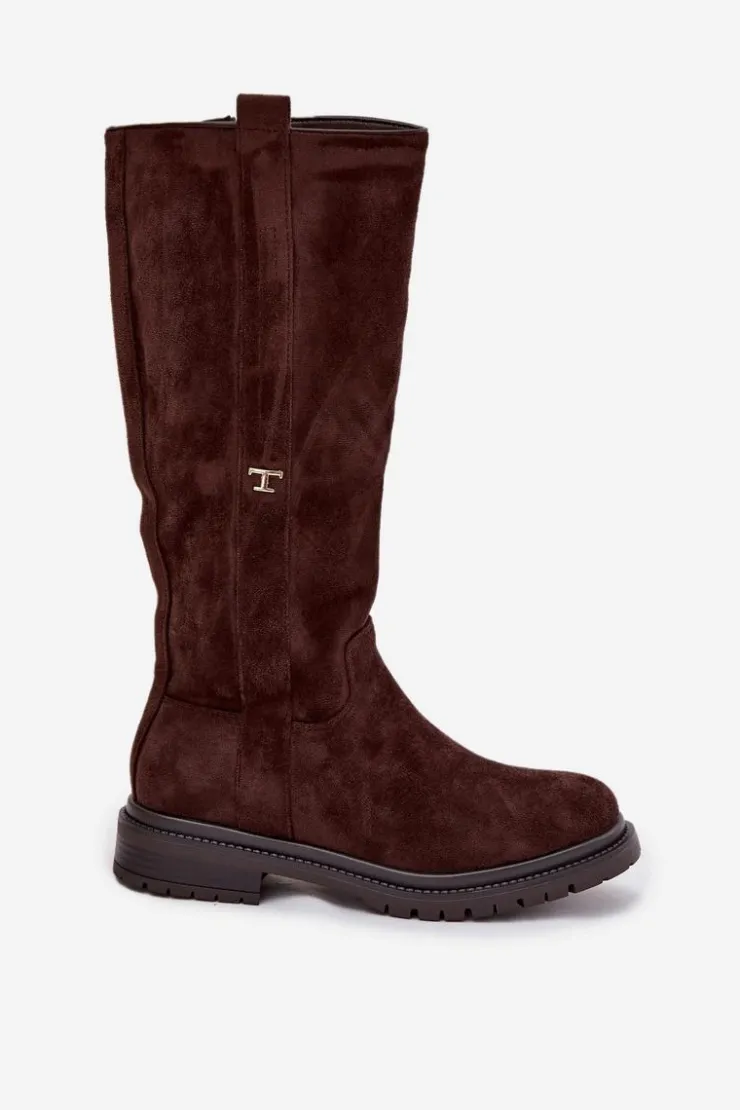 Boto Kozaki Ocieplane|Kozaki Płaskie*Kozaki Damskie Ocieplane Na płaskim Obcasie Eko Zamszowe Czekoladowe Delyssa