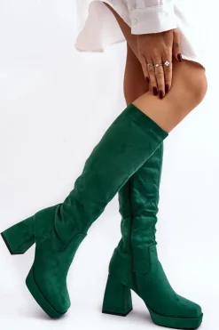 Boto Kozaki Przed Kolano|Kozaki Na Obcasie*Kozaki Damskie Ocieplane Na Masywnym Obcasie Zielone Layala