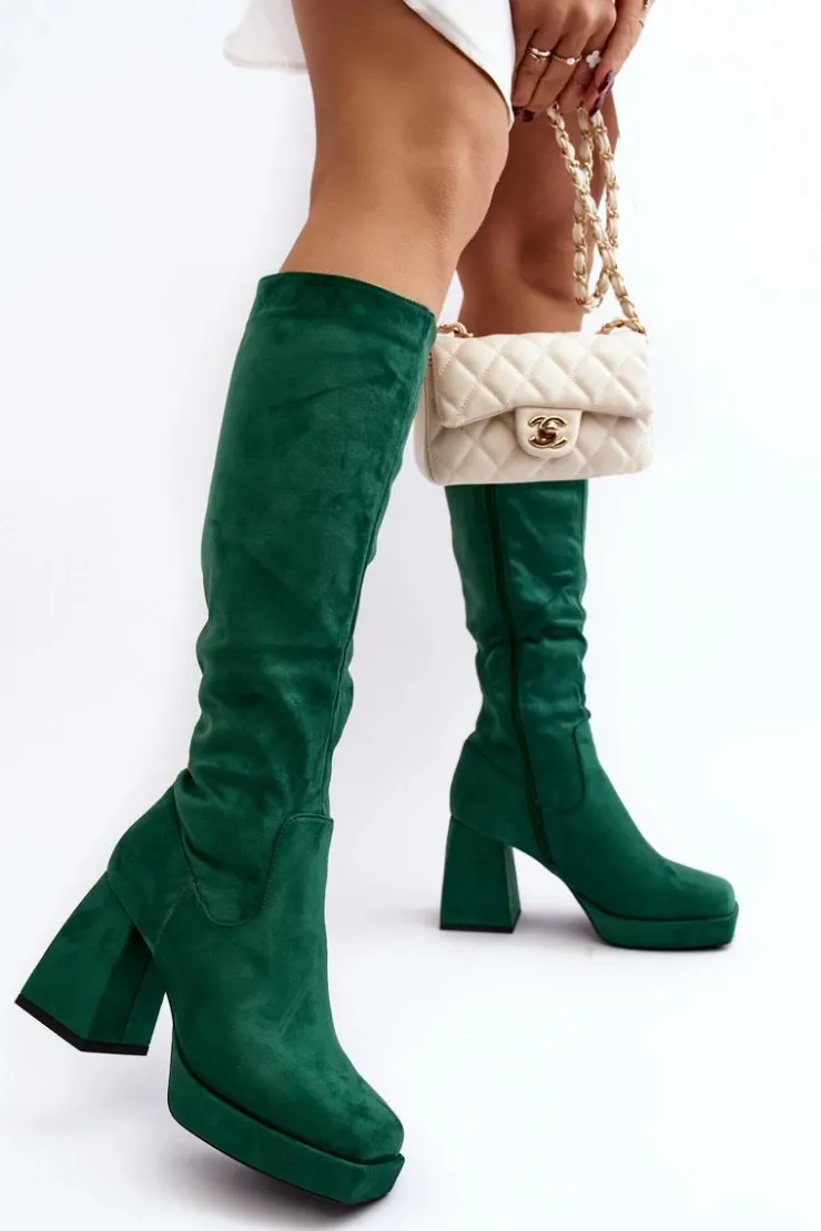 Boto Kozaki Przed Kolano|Kozaki Na Obcasie*Kozaki Damskie Ocieplane Na Masywnym Obcasie Zielone Layala