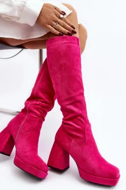 Damskie Boto Kozaki Damskie Ocieplane Na Masywnym Obcasie Fuksja Layala