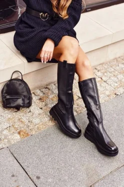 Damskie Boto Kozaki Damskie Ocieplane Na Platformie Czarne Brandi