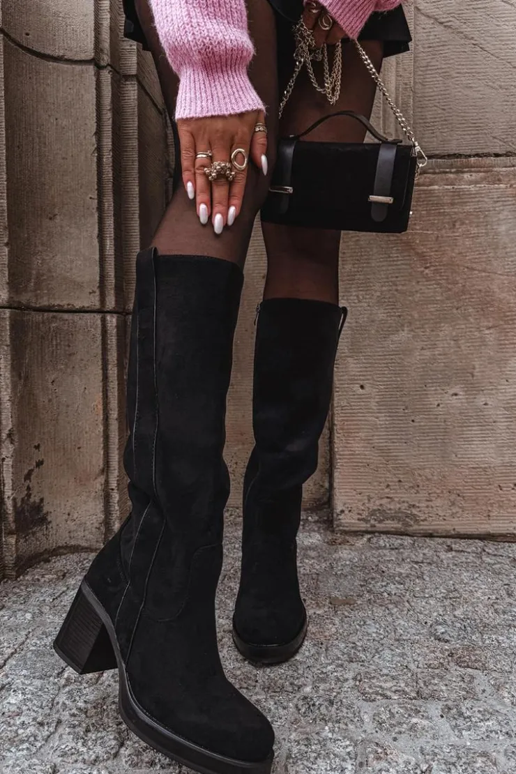 Discount Boto Kozaki Damskie Ocieplane Na Masywnym Słupku Czarne Sanelle Czarny