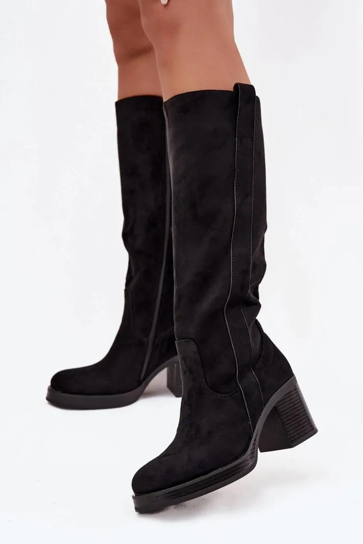 Discount Boto Kozaki Damskie Ocieplane Na Masywnym Słupku Czarne Sanelle Czarny