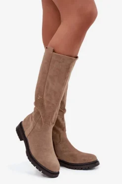 Hot Boto Kozaki Damskie Ocieplane Na płaskim Obcasie Eko Zamszowe Ciemnobeżowe Delyssa