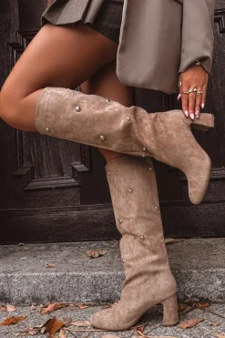 Damskie Boto Kozaki Damskie Ocieplane Na Słupku Z Ozdobnymi Detalami Beżowe Lucinda