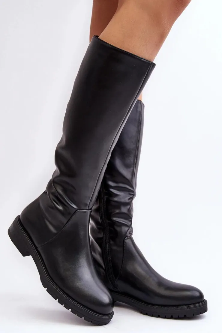 Damskie Buty Sergio Leone Kozaki Damskie Płaskie Przed Kolano Ocieplane Czarne Saraseini