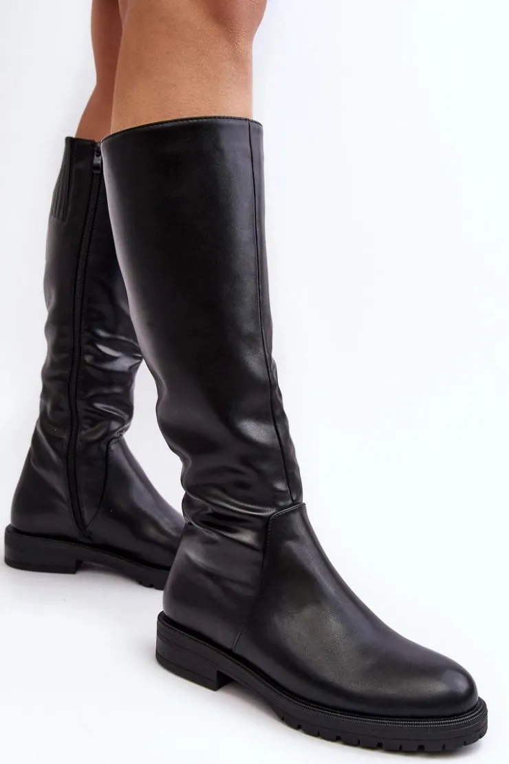 Damskie Buty Sergio Leone Kozaki Damskie Płaskie Przed Kolano Ocieplane Czarne Saraseini