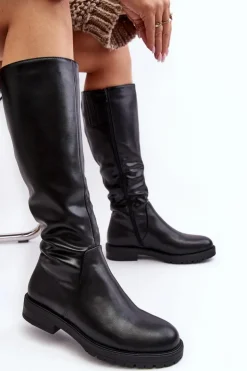 Damskie Buty Sergio Leone Kozaki Damskie Płaskie Przed Kolano Ocieplane Czarne Saraseini