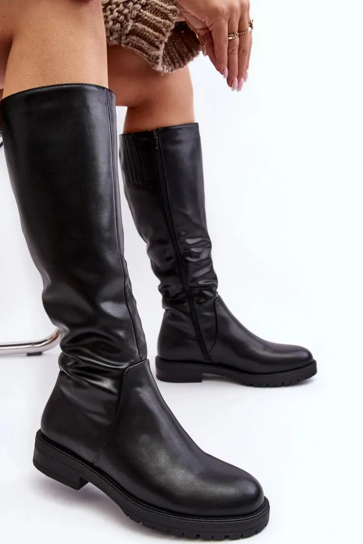 Damskie Buty Sergio Leone Kozaki Damskie Płaskie Przed Kolano Ocieplane Czarne Saraseini