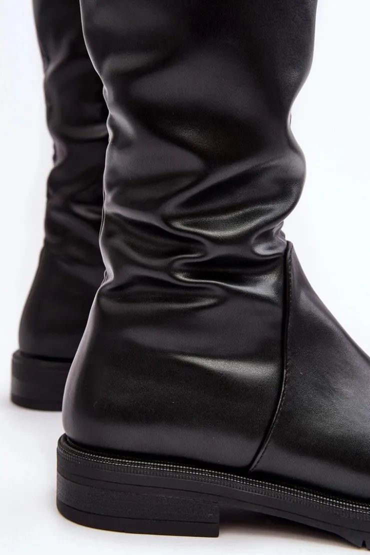 Damskie Buty Sergio Leone Kozaki Damskie Płaskie Przed Kolano Ocieplane Czarne Saraseini