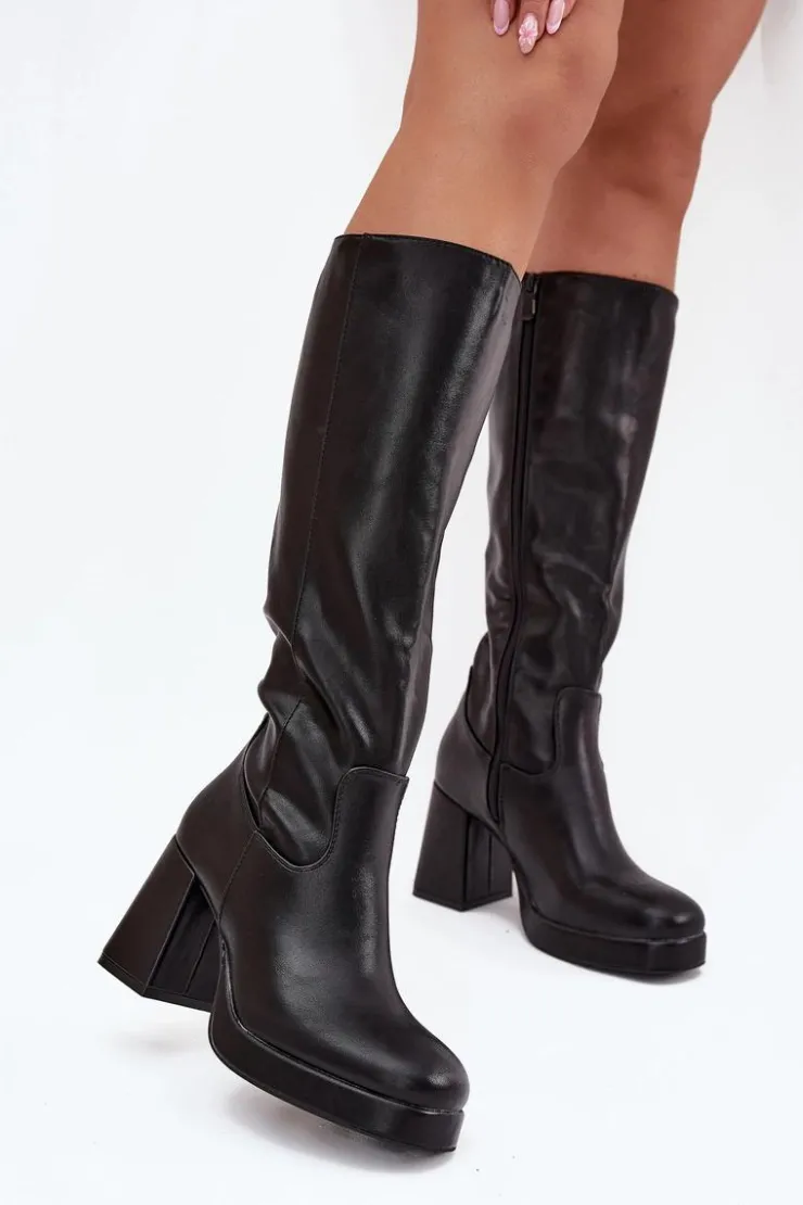 Sale Boto Kozaki Damskie Przed Kolano Na Zamek Obcas Słupek Czarne Selvia Czarny