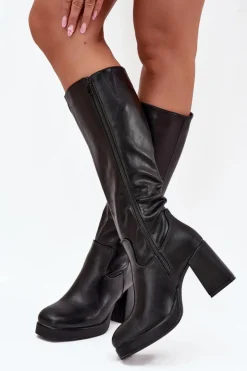 Sale Boto Kozaki Damskie Przed Kolano Na Zamek Obcas Słupek Czarne Selvia Czarny