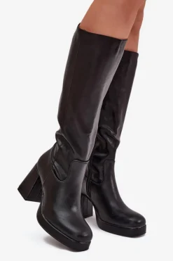 Sale Boto Kozaki Damskie Przed Kolano Na Zamek Obcas Słupek Czarne Selvia Czarny
