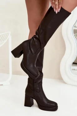 Boto Kozaki Ocieplane|Kozaki Na Słupku*Kozaki Damskie Przed Kolano Na Zamek Obcas Słupek Czekoladowe Selvia Brązowy