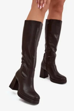 Boto Kozaki Ocieplane|Kozaki Na Słupku*Kozaki Damskie Przed Kolano Na Zamek Obcas Słupek Czekoladowe Selvia Brązowy