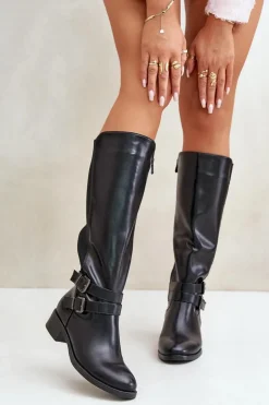 Boto Kozaki Przed Kolano|Kozaki Na Obcasie*Kozaki Damskie Przed Kolano Na Płaskim Obcasie Z Klamrami Czarne Lotina