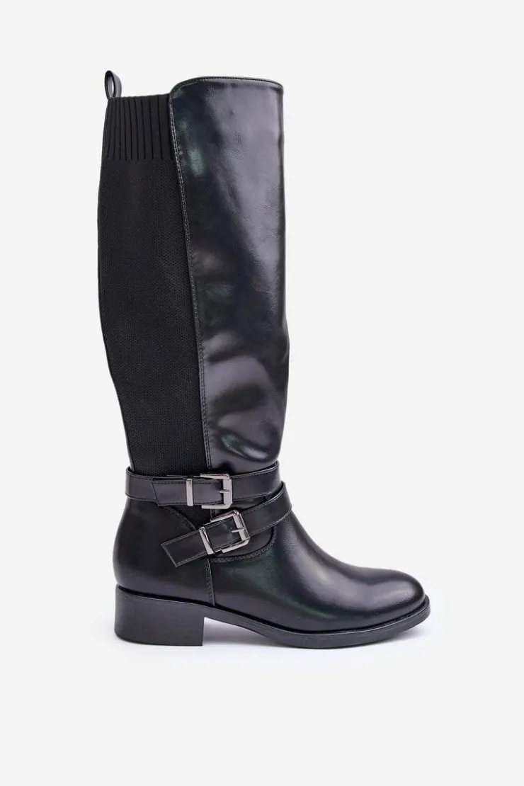 Boto Kozaki Przed Kolano|Kozaki Na Obcasie*Kozaki Damskie Przed Kolano Na Płaskim Obcasie Z Klamrami Czarne Lotina