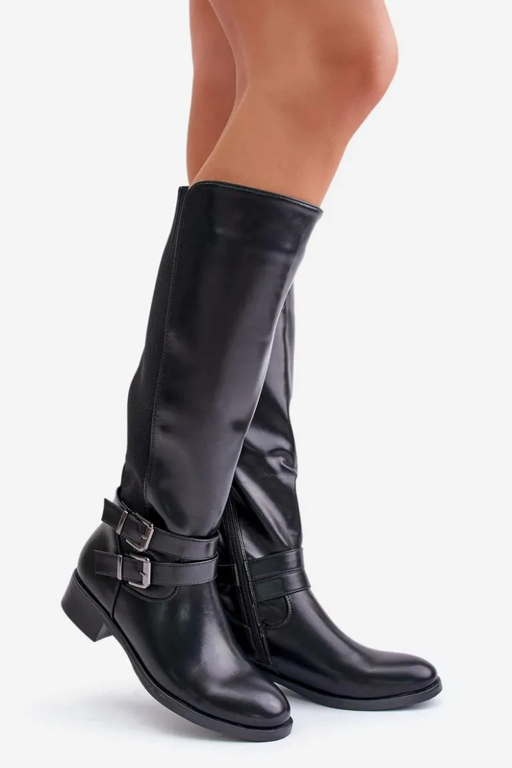 Boto Kozaki Przed Kolano|Kozaki Na Obcasie*Kozaki Damskie Przed Kolano Na Płaskim Obcasie Z Klamrami Czarne Lotina