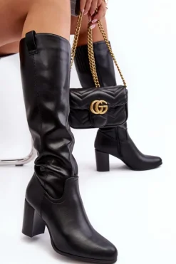 Clearance Buty Sergio Leone Kozaki Damskie Przed Kolano Na Słupku Czarne Nelamessa