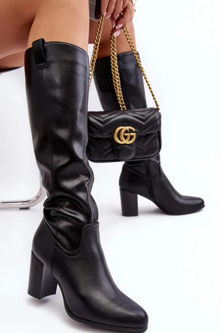 Clearance Buty Sergio Leone Kozaki Damskie Przed Kolano Na Słupku Czarne Nelamessa